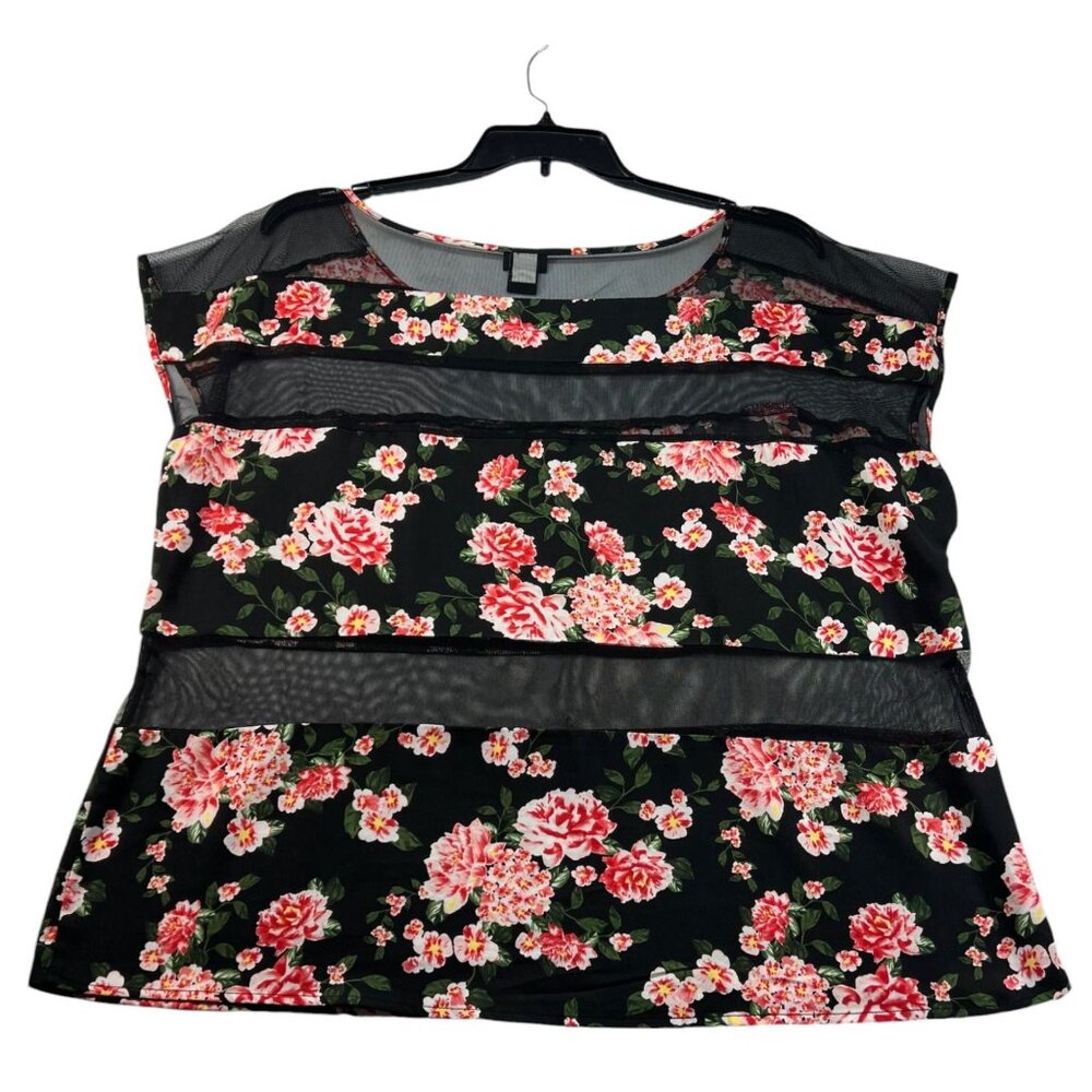 Torrid Blouse Womens Size 2 Black Floral Pattern Short Sleeve Semi Sheer Mesh - Picture 2 of 7